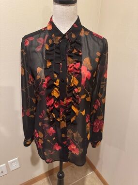 CAbi Black Sheer Ruffle Button-Down Shirt with Red and Gold Floral Print